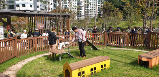 의왕파크푸르지오 입주민들이 '펫 사랑 커뮤니티' 서비스에 반려견과 함께 참여하고 있다. <대우건설 제공>